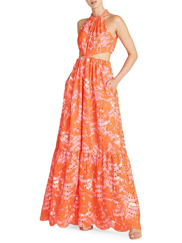 Romantic Fashion Discounts Womens Eyelet Cut-Out Maxi Dress Art Deco Geometric Pattern Look
