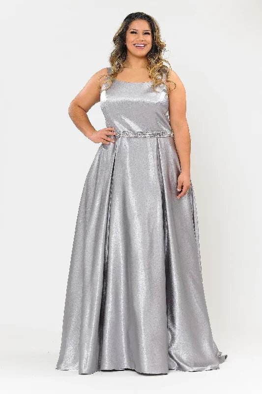 Luxury Fashion Discounts Plus Size Long Satin Dress with Beaded Waist by Poly USA W1010 Contemporary Elegance