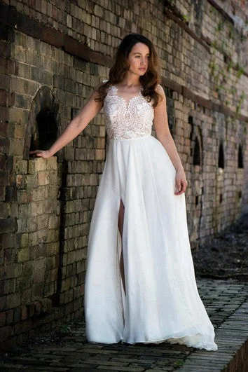 Chic & Cozy Collection Lace and Chiffon Sleeveless A-Line Dress With Side Slit and V-Neck Flash Sale
