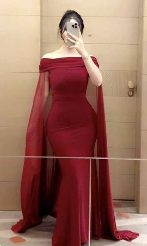 Sale Event, Prices Rock Wine Red Off Shoulder Mermaid Satin Long Party Dress, D203 Romantic Flair