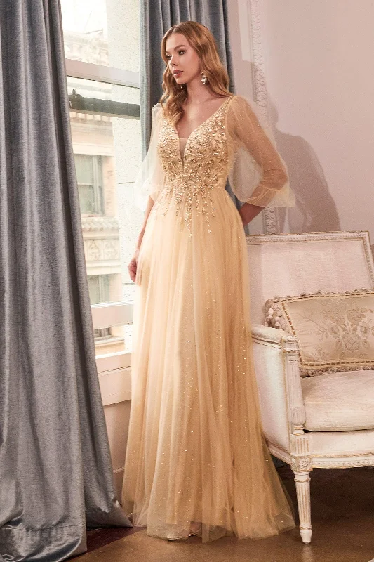 Fashionable Comfort Promotions Cinderella Divine CD0182 Long Sleeve Mother of the Bride Long Tulle Dress Champagne Ethnic Cultural Event Wear
