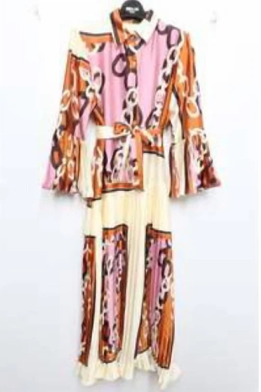 Absurdly Cheap Sale Women's Pleated Chain Midi Dress In Beige Tropical Island - Inspired Attire