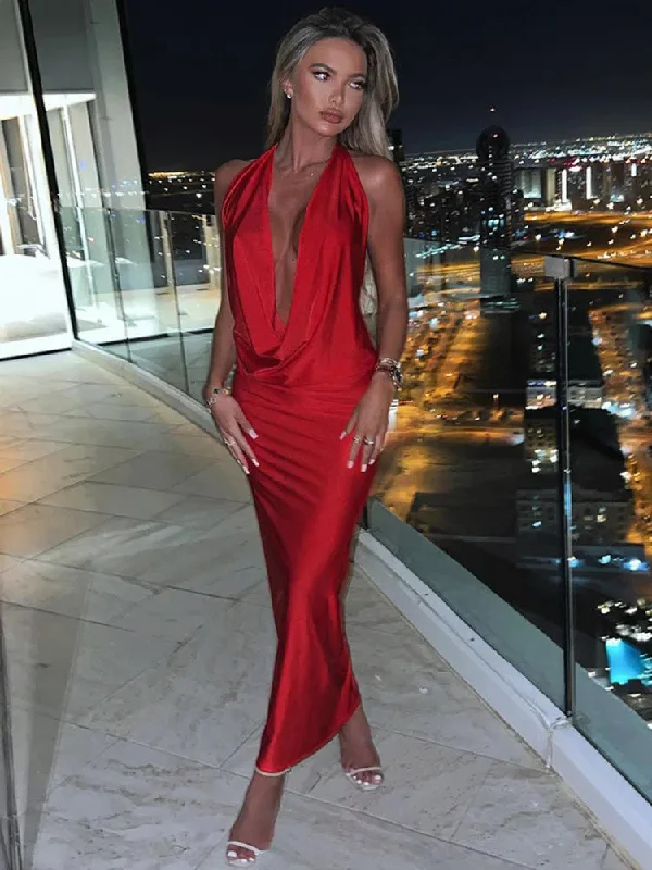 Unbeatable Deals Satin Deep V Neck Sleeveless Maxi Christmas Party Dress Luxury Style