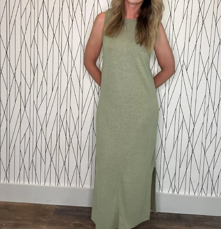 The Latest Trends Lightweight Linen Blend Maxi Dress In Sage Romantic Detailing