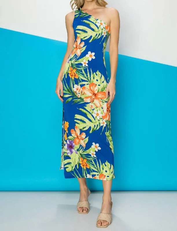 Boutique Styles Tropical Printed One Shoulder Maxi Dress In Royal Blue Graceful Movement