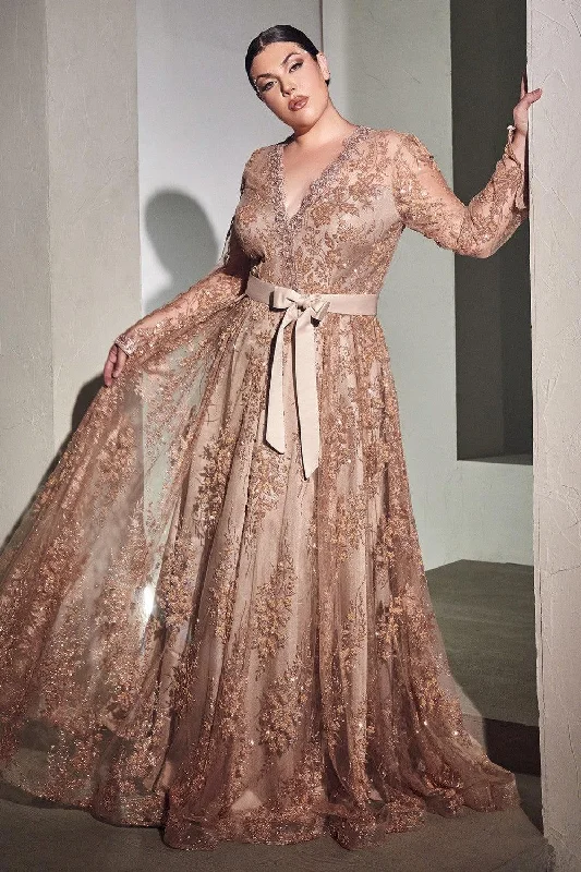 Chic Style, Always In Vogue Cinderella Divine CD233C Long Sleeve Plus Size Evening Dress Rose Gold Modern Glamour