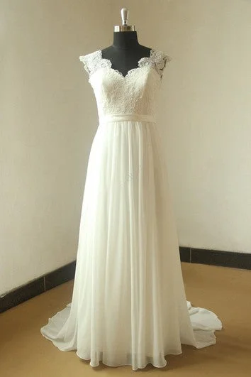 Step Ahead, Lead The Trend Cap Sleeve Queen Anne Neckline Long Chiffon Dress With Satin Sash Classic Timeless Elegant Style