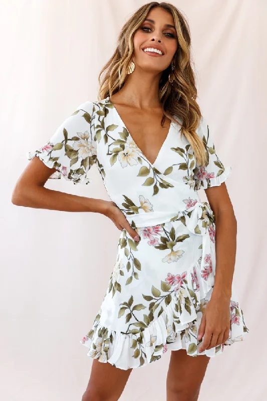 Unleash Your Fashion Omara Floral Wrap Ruffle Trim Dress White Minimalist Chic