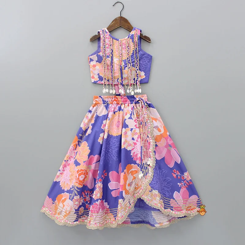 Modern Fashion Sale Purple Floral Printed Top With Gota Lace Work Lehenga Rustic Countryside Charm Look