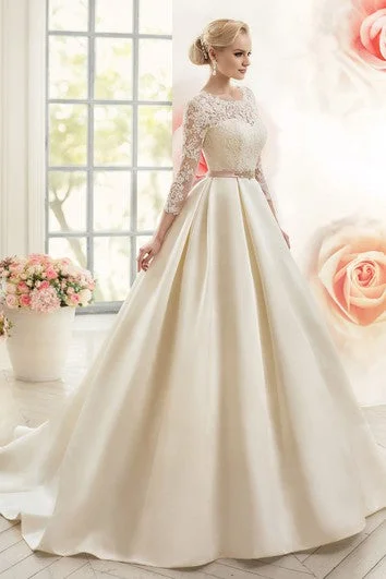 Luxury Fashion A-Line Long Scoop Long-Sleeve Deep-V-Back Satin Lace Dress With Appliques And Waist Jewellery Rustic Countryside Charm Look