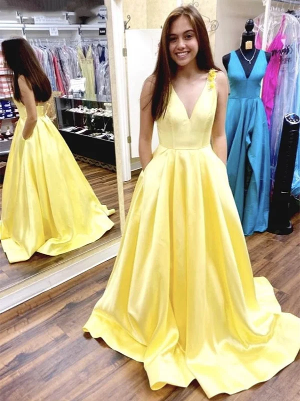 Chic Style Discounts V Neck Yellow Satin Long Prom Dresses with Flower Straps, Yellow Formal Graduation Evening Dresses Nordic Minimalist Home Look