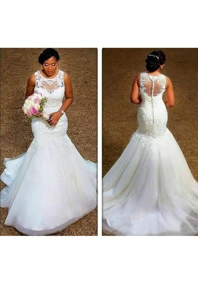 Hot Picks Elegant Sheer Neck Appliques Lace Plus Size Illusion Back Mermaid Wedding Dress Feminine Soft - Hued Styles