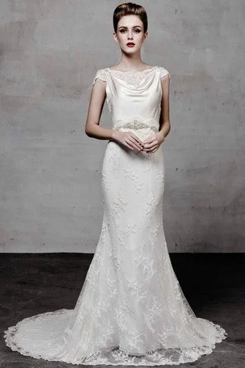 Clearance Event Floor-Length Cowl Appliqued Cap-Sleeve Lace Wedding Dress With Beading Feminine Elegance