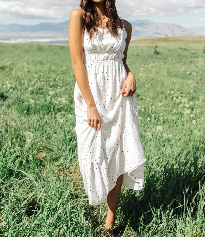 Luxury Fashion Tiered Polka Dot Midi Dress In White Disco - Inspired Retro Dance Look