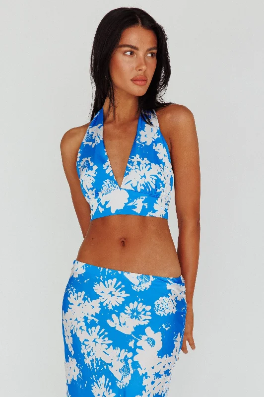 Chic And Trendy Manila Halterneck Crop Top Blue Floral Elegant Ensemble
