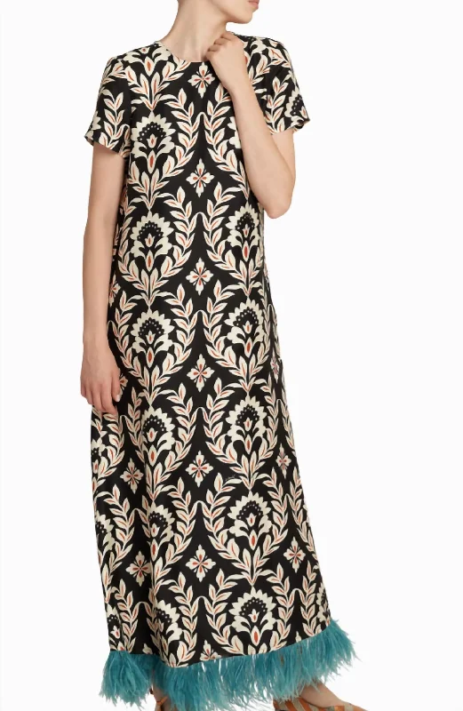 Unleash Your Trendy Side Feather-Embellished Swing Maxi Dress In Multi Ethnic Cultural Event Wear