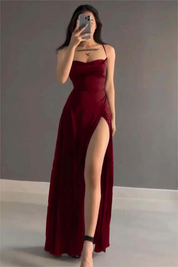 Comfort Meets Fashion Burgundy A-Line Slit Prom Dress Satin Formal Party Dress, MD7984 Vintage Retro Party Wear