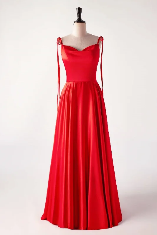 Chic Style, Always In Vogue Cowl Neck Red Satin Long Maxi Dress Charming Silhouette