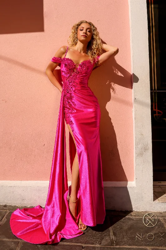 Chic Trend Collection Applique Satin Cold Shoulder Slit Gown by Nox Anabel E1451 Coastal Beach - Inspired Style