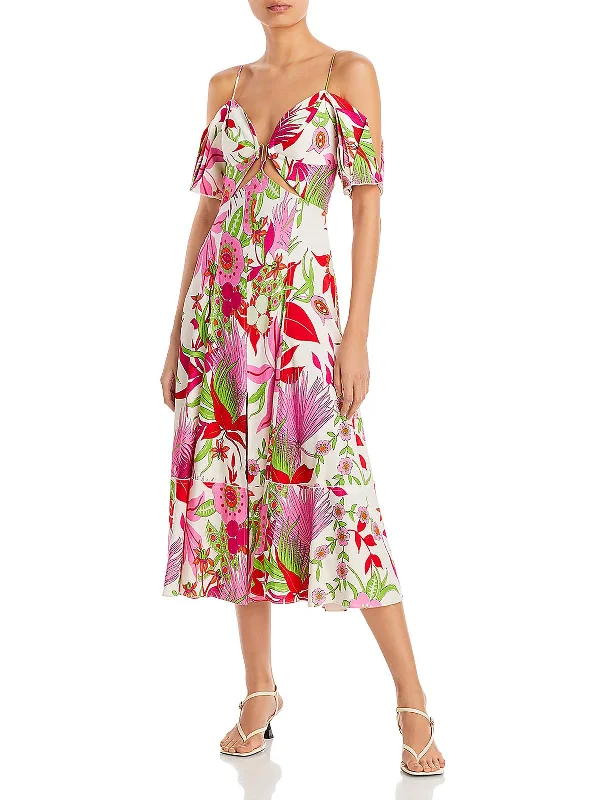 Refined Fashion Sale Dina Womens Linen Blend Cut-Out Bodice Midi Dress Art Deco Geometric Pattern Look