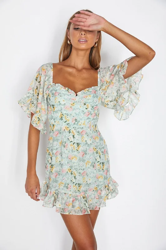 Chic Trend Collection Elorah Frill Trim Mini Dress Floral Green Effortless Sophistication