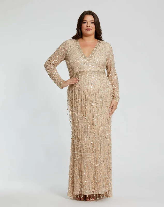 Trendy Looks On Sale Mac Duggal 94074 Plus Size Fringe Long Sleeve Formal Dress Score Big On Glamorous Red - Carpet Styles