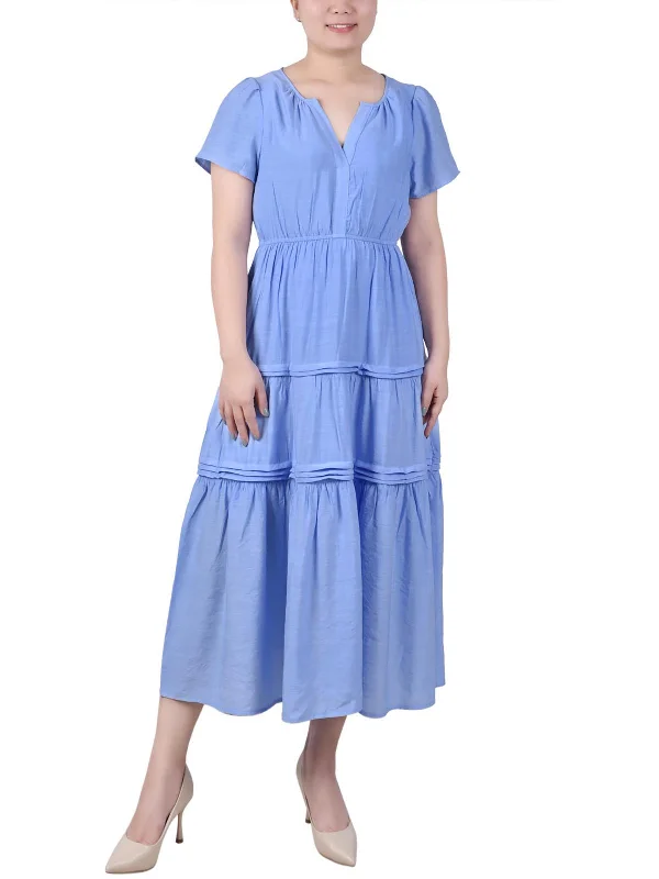 Crazy Discounts, Hurry Up Petites Womens Tiered Split Neck Midi Dress Y2K Nostalgic Fashion Look