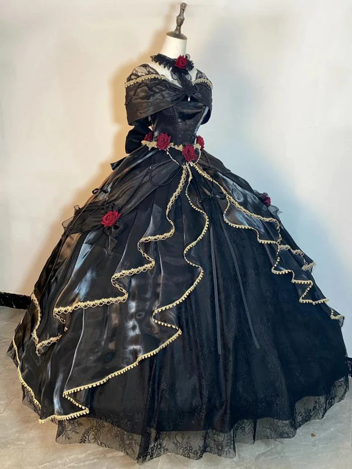 Clearance Sale, All Cheap Black Off Shoulder A-Line Lace Satin Birthday Ball Gown Quinceanera Dress, D226 Flash Deals