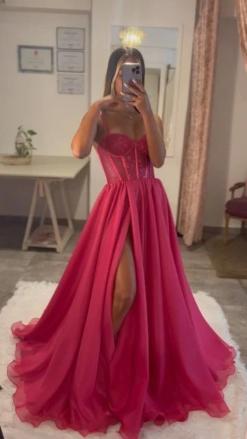 Sophisticated Fashion Hot Pink A Line Lace Bodice Side Slit Prom Dress Evening Gowns Y6808 Early Access To Art Deco Styles Sale