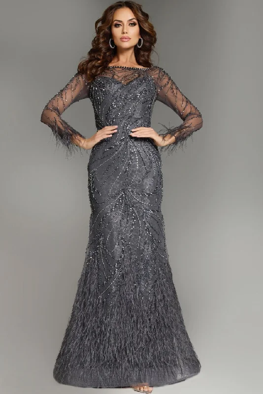 Budget-Friendly Fashion Jovani 37560 Fitted Long Sleeve Feather Evening Formal Dress Feminine Charm