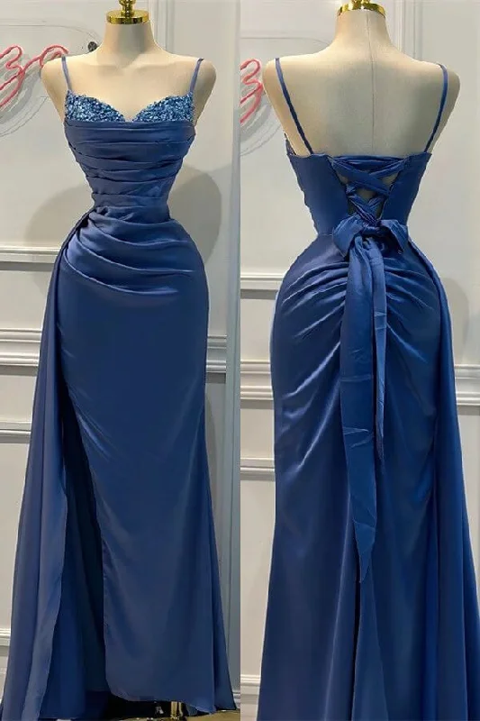 Fashion Forward Femininity Blue Spaghetti Straps Sheath Satin Long Formal Prom Dress, D27 Fashion-Forward Style