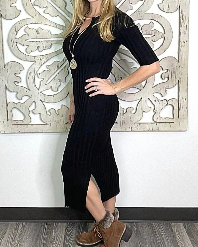 Limited Time Offer Ribbed Knit Sweater Midi Dress In Black Feminine Soft - Hued Look