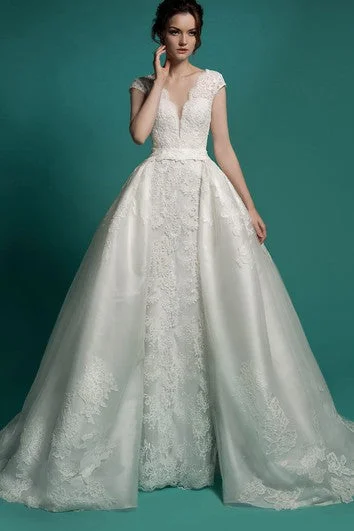 Fashion Sale Mermaid Floor-Length V-Neck Cap-Sleeve Zipper Lace Dress With Sash And Detachable Train End - Of - Month Blowout