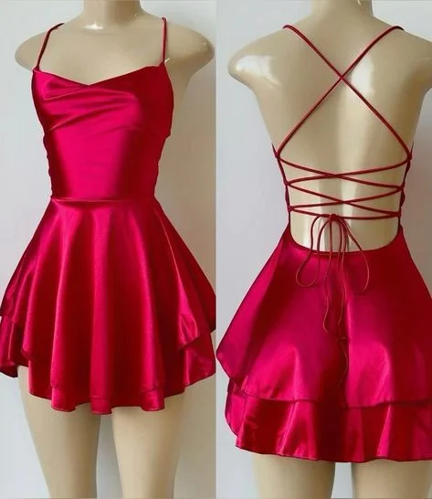 Seasonal Style Discounts Red Straps A-Line Satin Simple Homecoming Dress Mini Birthday Outfits, D158 Elevated Style