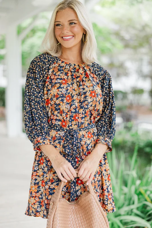 Seasonal Picks Go For It Navy Blue Ditsy Floral Dress Casual Elegance