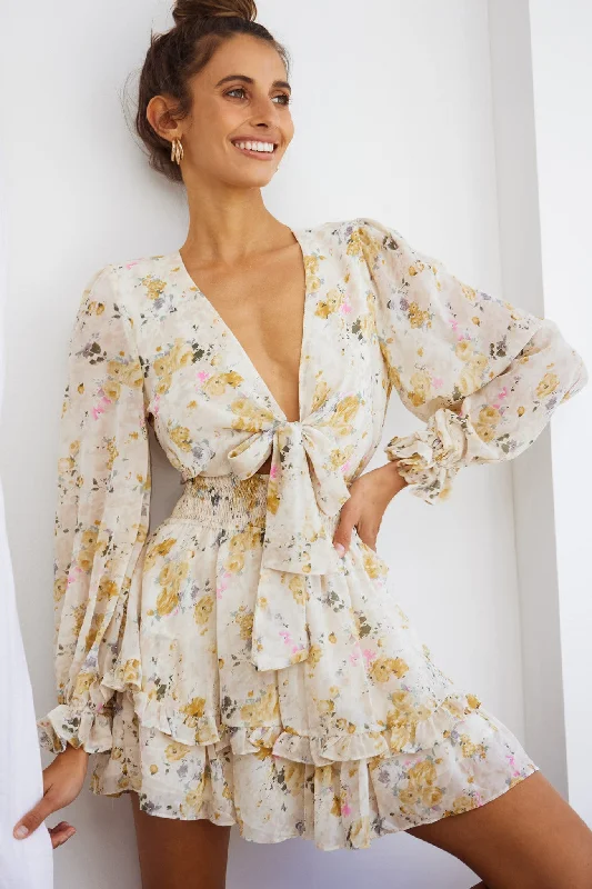 Luxury Casual Deals Anthea Bow-Tie Front Layered Frill Dress Vintage Floral Print Beige Elegant Contour