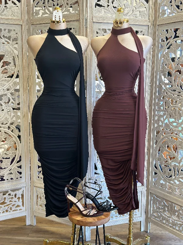 Women's Comfortable Lounge Garments Sale Event, Prices Rock Scarfed High Neck Ruched Midi Dress- Stretchy