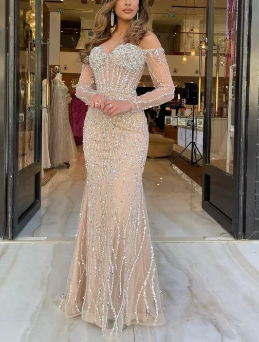 Don't Miss Out Luxury Sweetheart Long Strapless Beading Tulle Prom Dress Mermaid Evening Gown Y7629 Chic Allure