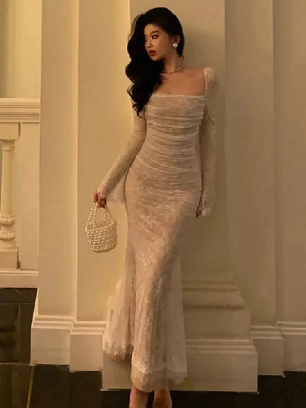 Limited Time Offer Vintage Mermaid Lace Prom Dress Elegant Apricot Square Collar Evening Party Gown Y7572 Parisian Effortless Chic Style