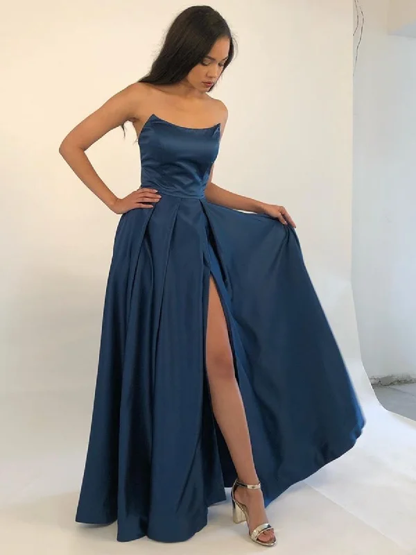 Seasonal Trends Strapless Burgundy/Blue Satin Long Prom Dresses with Side Slit, Strapless Burgundy/Blue Formal Graduation Evening Dresses Elevated Style
