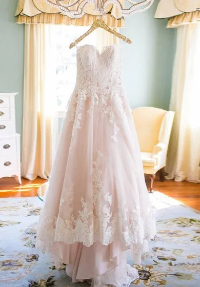 Premium Style Elegant Sweetheart High Low Blush Wedding Dress with White Lace Parisian Effortless Chic Style