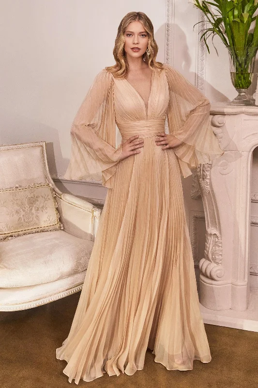 Romantic Fashion Discounts Cinderella Divine CD242 Long Sleeve Pleated Formal Prom Dress Champagne Exquisite Craftsmanship