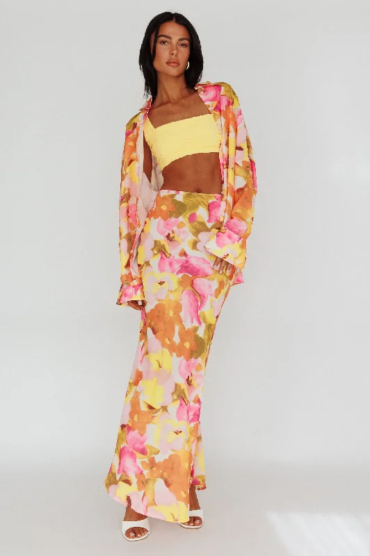 Inspired By You, Designed For You Vacation Midi Skirt Floral Pink/Yellow Charming Silhouette