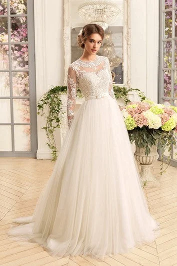 Urban Fashion A-Line Floor-Length Jewel Illusion-Sleeve Lace-Up Tulle Dress With Appliques And Pleats Boho - Chic Festival - Ready Style