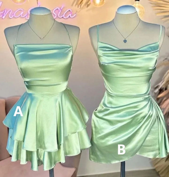 Top Brand Discounts Green Straps A-Line Satin Simple Homecoming Dress Mini Birthday Outfits, D160 Romantic Detailing
