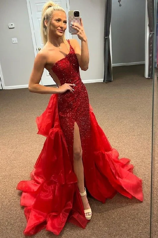 Latest Trends Red One Shoulder Mermaid Slit Sequins Long Prom Dress Formal Evening Gown Y7884 Buy More, Save More