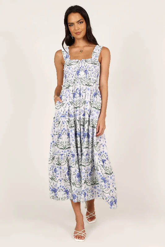 Summer Fashion August Shirred Maxi Dress - Blue Floral Romantic Detailing