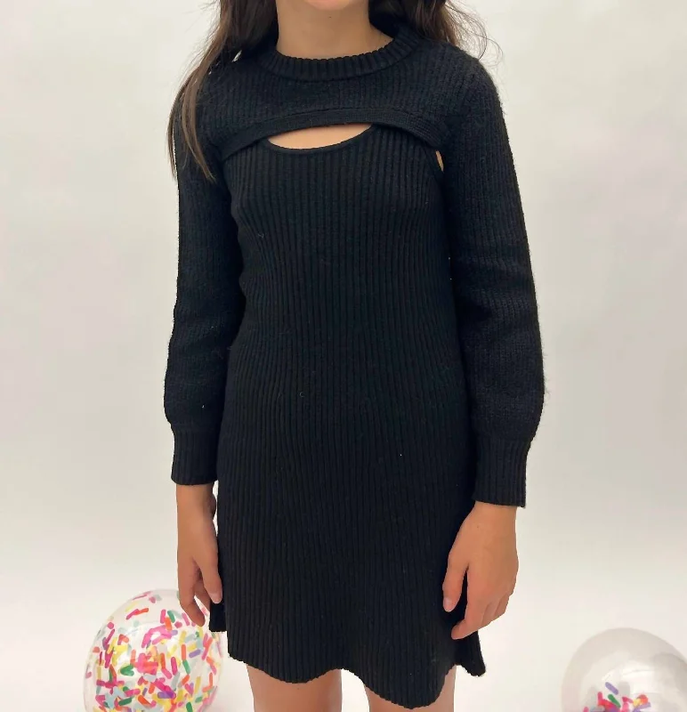 Stylish Statements Girl's Long Sleeve Ribbed Dress In Black Flash Deals
