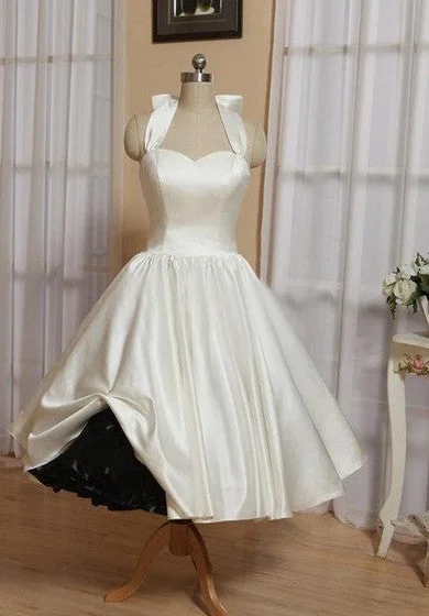 Style Upgrade Halter Tea-Length Satin Wedding Dress With Bow And Lace-Up Back Subtle Sophistication