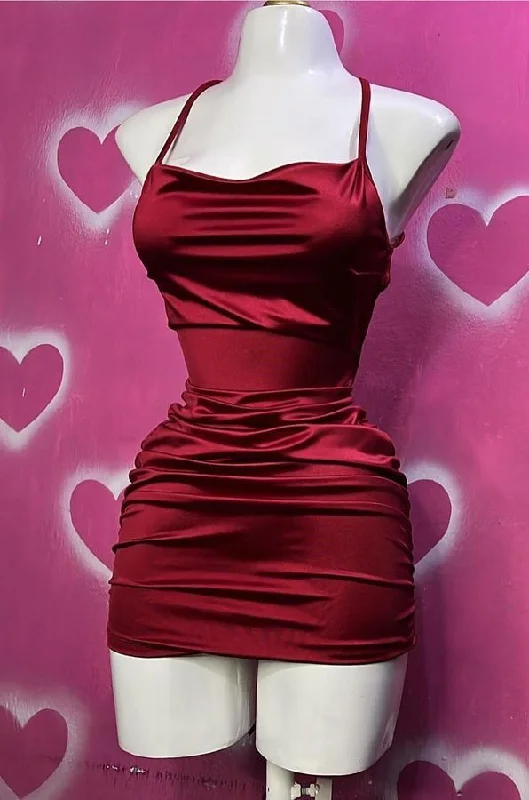 New Season Fashion Preview Sale Wine Red Straps Sheath Satin Short Party Dress Homecoming Dress, MD7874 Graceful Movement